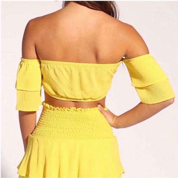 Yellow Tie Front Off Shoulder Crop Top and Mini Ruffle Skirt Set - Picture 4 of 4